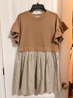 Women’s Tan Ruffle Sleeve Dress with Striped Skirt